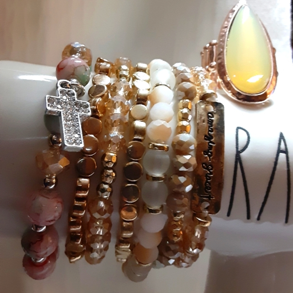 Amazing Grace. 7 set Bracelets and Ring. Earth tone colors of milky white creams